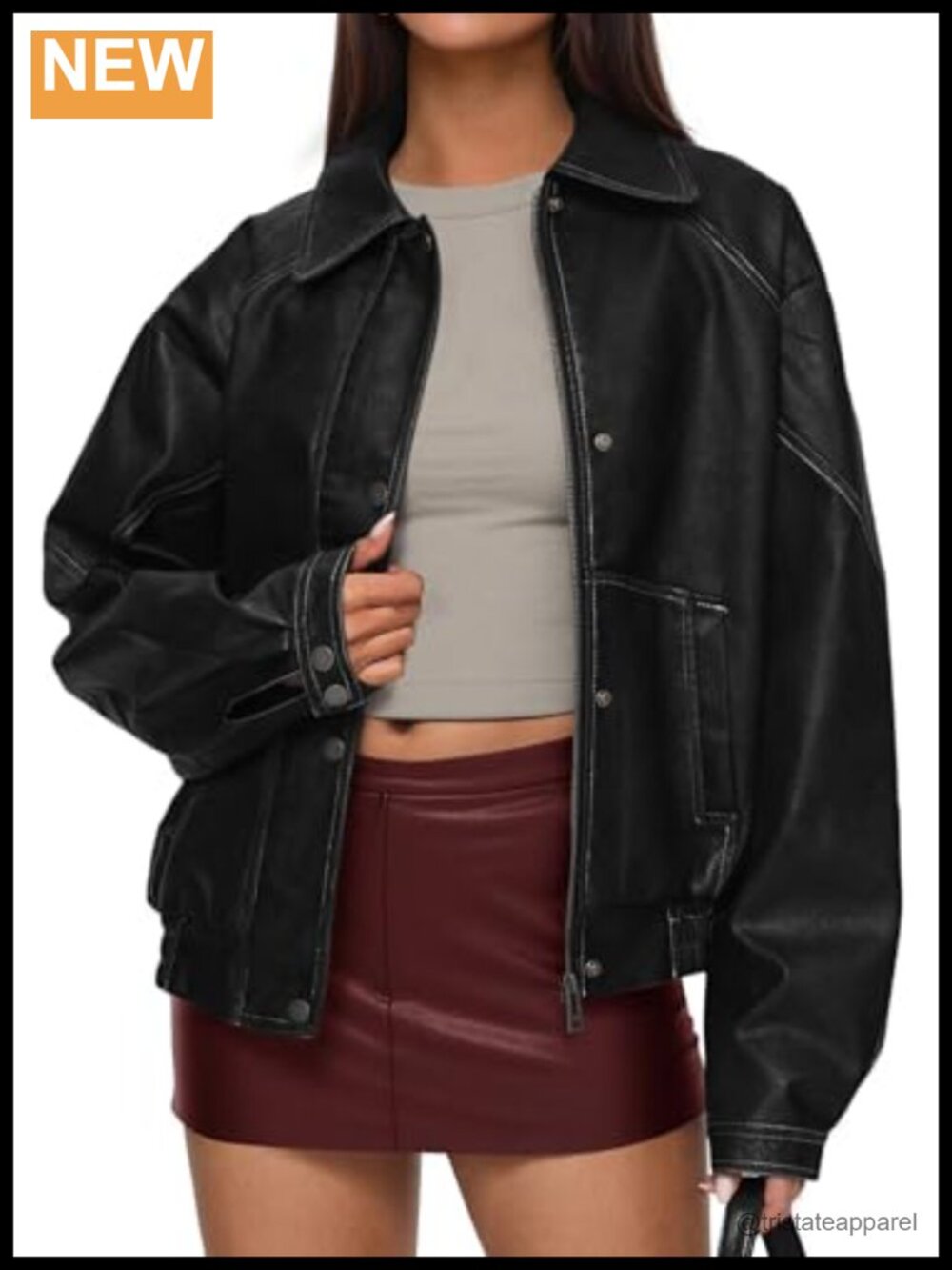 Faux Leather Moto Biker Jacket Women Oversized PU Coat Long Sleeve Retro Zipper